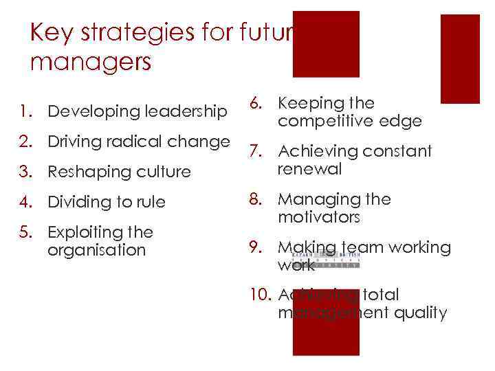 Key strategies for future managers 1. Developing leadership 2. Driving radical change 3. Reshaping