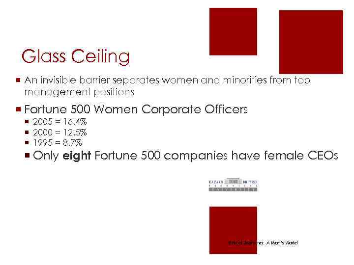 Glass Ceiling ¡ An invisible barrier separates women and minorities from top management positions