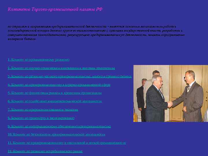 Комитеты Торгово-промышленной палаты РФ по отраслям и направлениям предпринимательской деятельности – являются основным механизмом