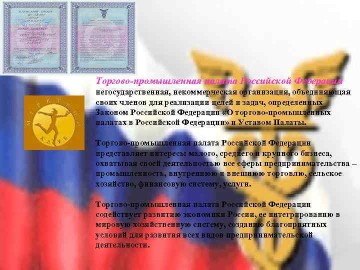 Торгово-промышленная палата Российской Федерации негосударственная, некоммерческая организация, объединяющая своих членов для реализации целей и
