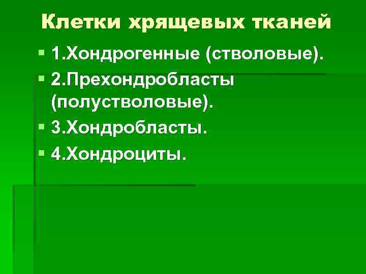 Клетки хрящевых тканей § 1. Хондрогенные (стволовые). § 2. Прехондробласты (полустволовые). § 3. Хондробласты.
