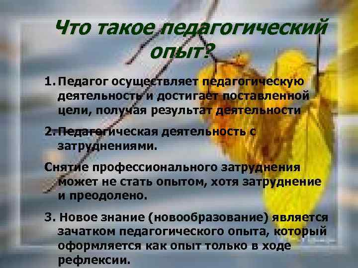 Что такое педагогический опыт? 1. Педагог осуществляет педагогическую деятельность и достигает поставленной цели, получая