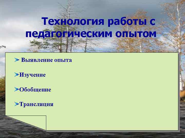 Технология работы с педагогическим опытом Выявление опыта Изучение Обобщение Трансляция 