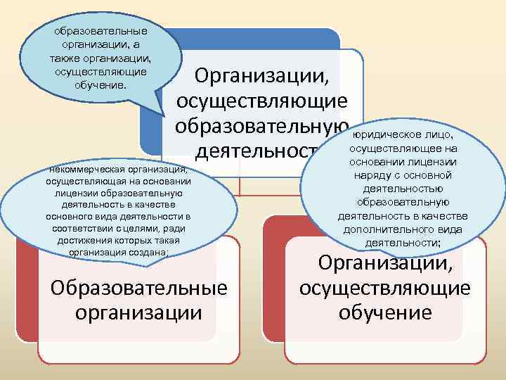 образовательные организации, а также организации, осуществляющие обучение. Организации, осуществляющие образовательную юридическое лицо, деятельность осуществляющее