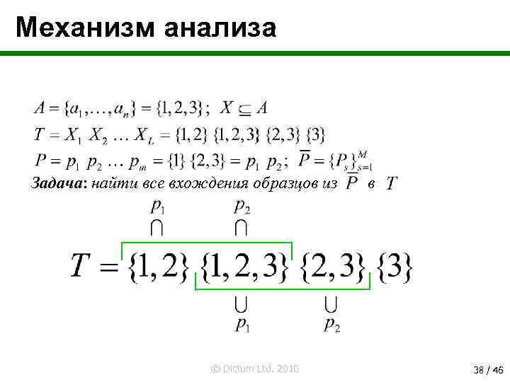 Механизм анализа Задача: найти все вхождения образцов из © Dictum Ltd. 2010 в 38