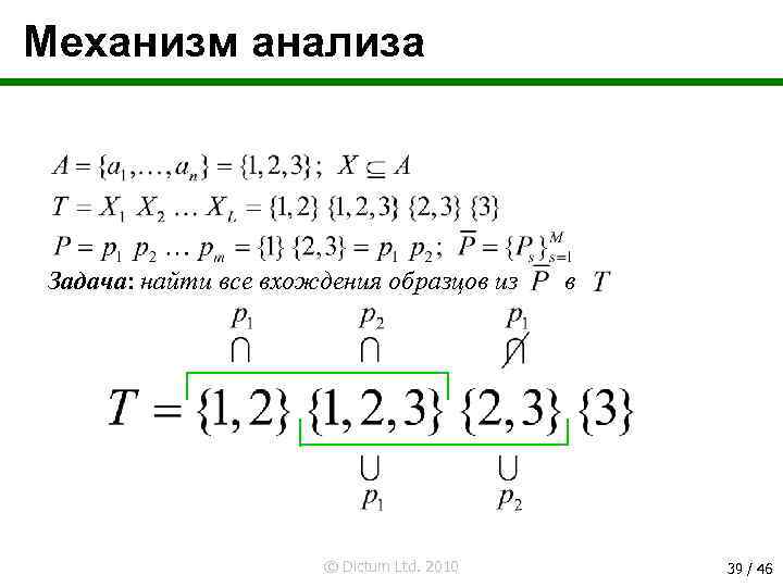 Механизм анализа Задача: найти все вхождения образцов из © Dictum Ltd. 2010 в 39