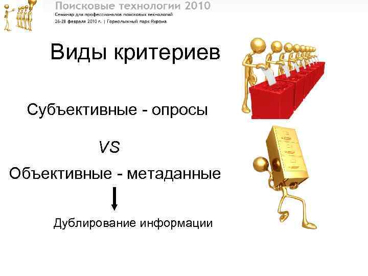 Виды критериев Субъективные - опросы VS Объективные - метаданные Дублирование информации 