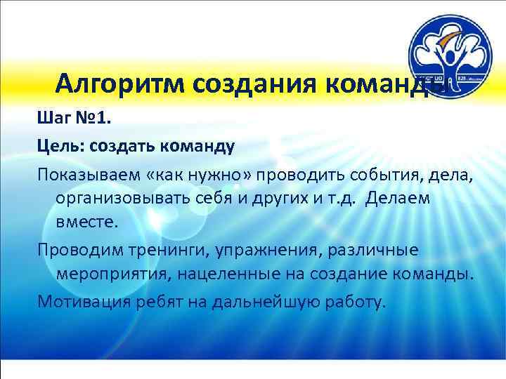 Алгоритм создания команды Шаг № 1. Цель: создать команду Показываем «как нужно» проводить события,