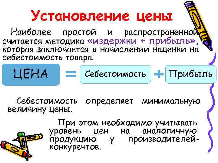 Установление цены Наиболее простой и распространенной считается методика «издержки + прибыль» , которая заключается