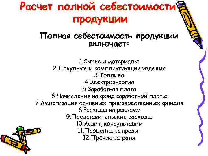 Расчет полной себестоимости продукции Полная себестоимость продукции включает: 1. Сырье и материалы 2. Покупные