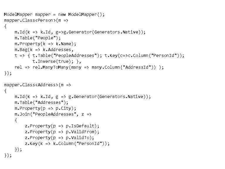 Model. Mapper mapper = new Model. Mapper(); mapper. Class<Person>(m => • { m. Id(k