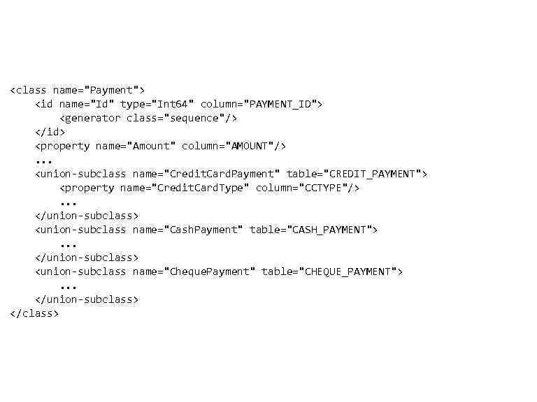  • <class name="Payment"> <id name="Id" type="Int 64" column="PAYMENT_ID"> <generator class="sequence"/> </id> <property name="Amount"
