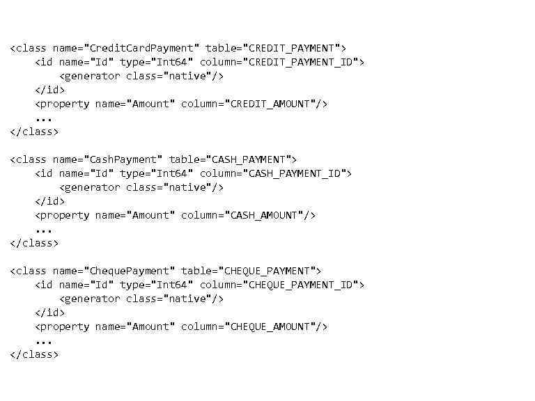 <class name="Credit. Card. Payment" table="CREDIT_PAYMENT"> • <id name="Id" type="Int 64" column="CREDIT_PAYMENT_ID"> <generator class="native"/> </id>