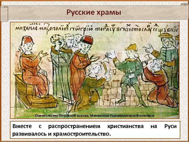 Русские храмы Строительство Печерской церкви. Миниатюра Радзивилловской летописи Вместе с распространением христианства развивалось и