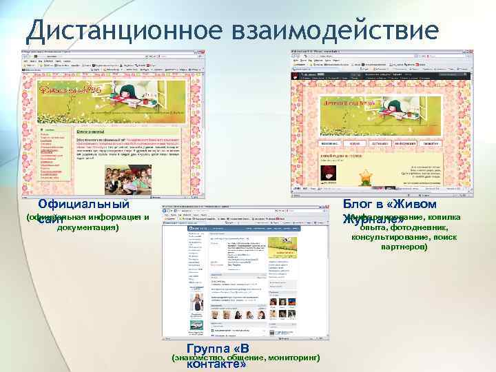 Дистанционное взаимодействие Официальный (официальная информация и сайт Блог в «Живом (информирование, копилка Журнале» документация)