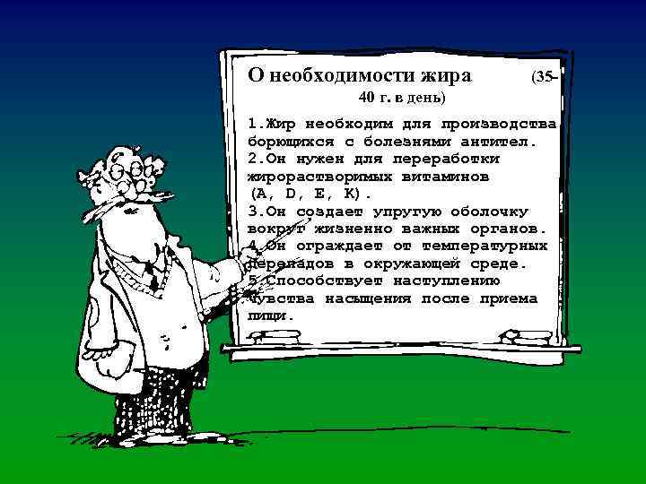 О необходимости жира (35 - 40 г. в день) 1. Жир необходим для производства