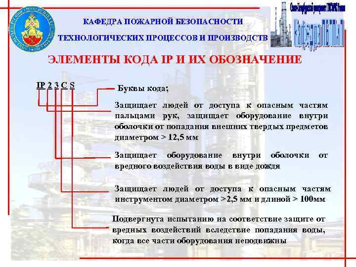 КАФЕДРА ПОЖАРНОЙ БЕЗОПАСНОСТИ ТЕХНОЛОГИЧЕСКИХ ПРОЦЕССОВ И ПРОИЗВОДСТВ ЭЛЕМЕНТЫ КОДА IP И ИХ ОБОЗНАЧЕНИЕ IP