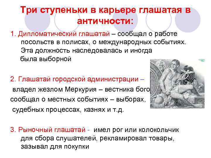 Три ступеньки в карьере глашатая в античности: 1. Дипломатический глашатай – сообщал о работе
