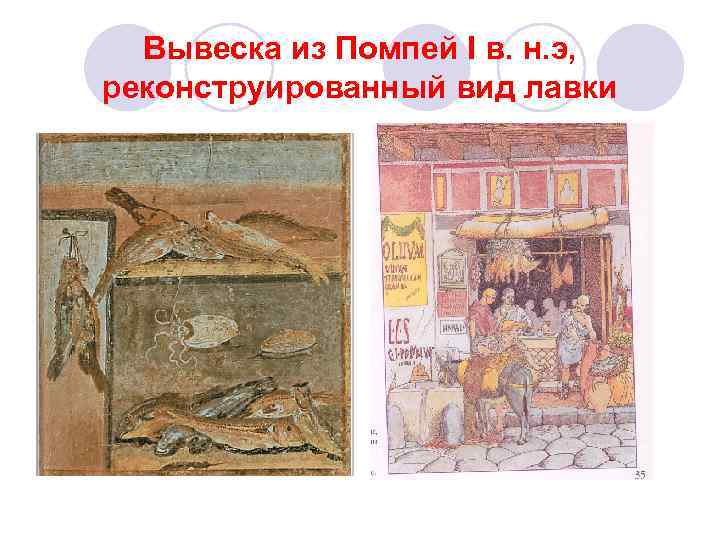 Вывеска из Помпей I в. н. э, реконструированный вид лавки 