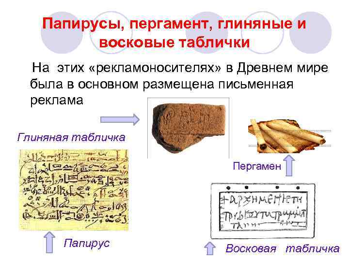 Папирусы, пергамент, глиняные и восковые таблички На этих «рекламоносителях» в Древнем мире была в