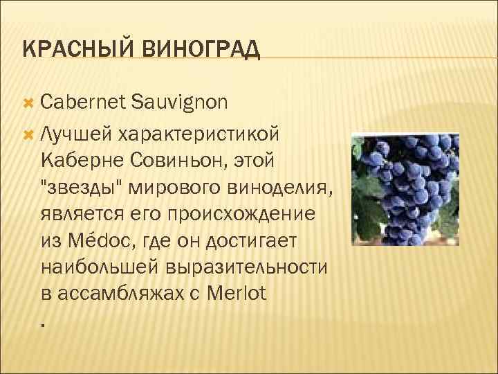 КРАСНЫЙ ВИНОГРАД Cabernet Sauvignon Лучшей характеристикой Каберне Совиньон, этой 