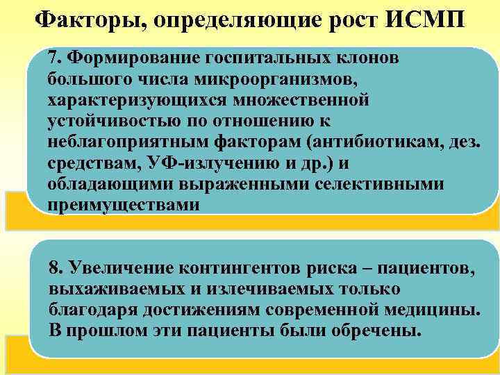 Факторы, определяющие рост ИСМП 7. Формирование госпитальных клонов большого числа микроорганизмов, характеризующихся множественной устойчивостью