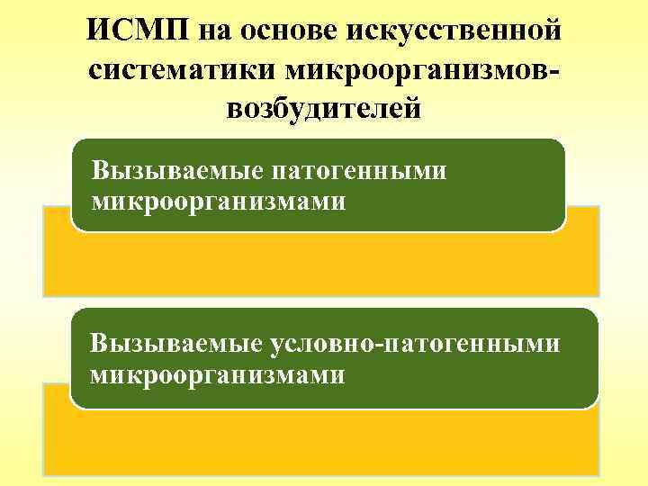 ИСМП на основе искусственной систематики микроорганизмоввозбудителей Вызываемые патогенными микроорганизмами Вызываемые условно-патогенными микроорганизмами 