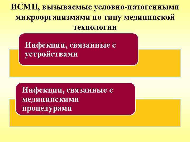 ИСМП, вызываемые условно-патогенными микроорганизмами по типу медицинской технологии Инфекции, связанные с устройствами Инфекции, связанные