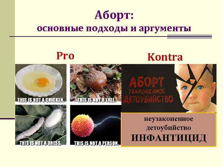 Аборт: основные подходы и аргументы Pro Kontra неузаконенное детоубийство ИНФАНТИЦИД 