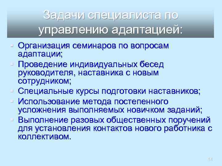 Задачи специалиста по управлению адаптацией: § Организация семинаров по вопросам адаптации; § Проведение индивидуальных