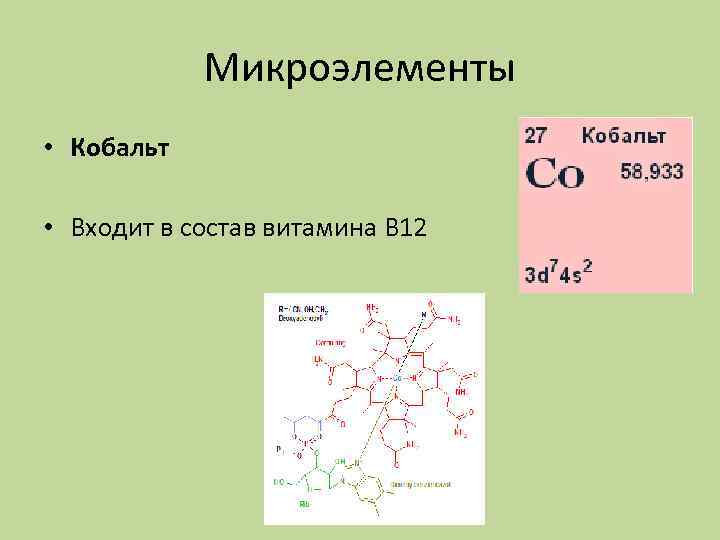 Элемент входит в состав. Микроэлемент входящий в состав витамина в12. Элемент который входит в состав витамина b12. Кобальт входит в состав витамина в12. В состав витамина в12 входит микроэлемент.