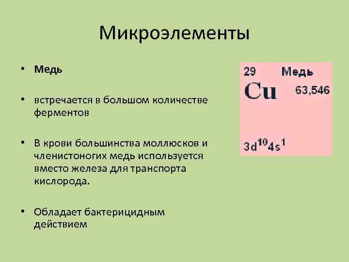 Микроэлементы • Медь • встречается в большом количестве ферментов • В крови большинства моллюсков