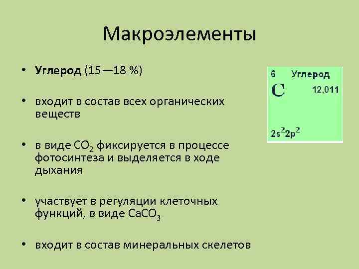 Макроэлементы • Углерод (15— 18 %) • входит в состав всех органических веществ •