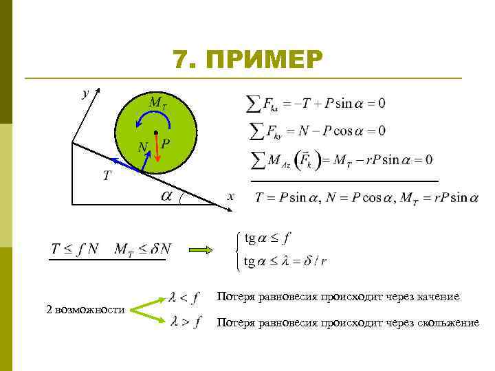 7. ПРИМЕР 2 возможности Потеря равновесия происходит через качение Потеря равновесия происходит через скольжение