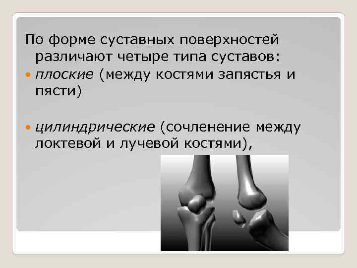 По форме суставных поверхностей различают четыре типа суставов: плоские (между костями запястья и пясти)
