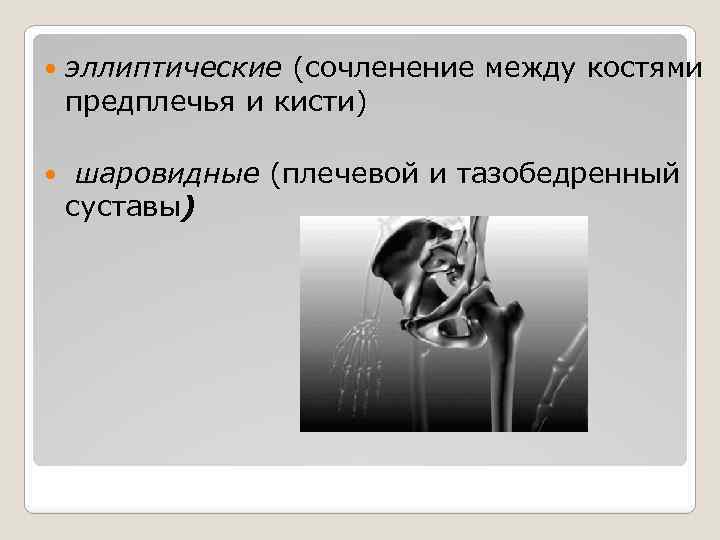  эллиптические (сочленение между костями предплечья и кисти) шаровидные (плечевой и тазобедренный суставы) 