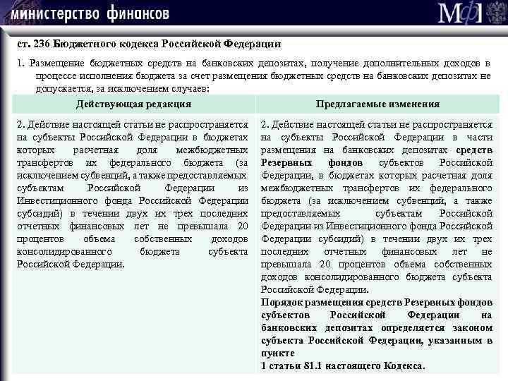 ст. 236 Бюджетного кодекса Российской Федерации 1. Размещение бюджетных средств на банковских депозитах, получение