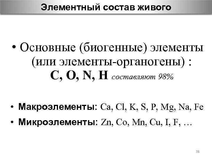 Элементный состав живого • Основные (биогенные) элементы (или элементы-органогены) : C, O, N, H