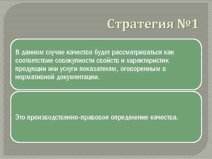 Стратегия № 1 В данном случае качество будет рассматриваться как соответствие совокуп ости свойств