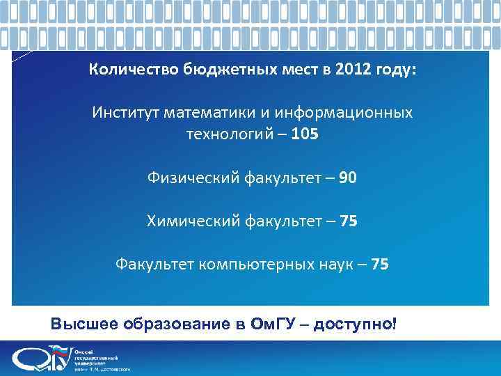 Количество бюджетных мест в 2012 году: Институт математики и информационных технологий – 105 Физический