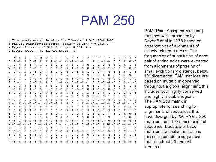 PAM 250 PAM (Point Accepted Mutation) matrices were proposed by Dayhoff et al in