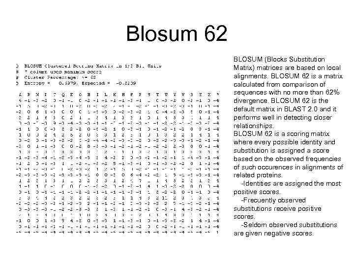 Blosum 62 BLOSUM (Blocks Substitution Matrix) matrices are based on local alignments. BLOSUM 62