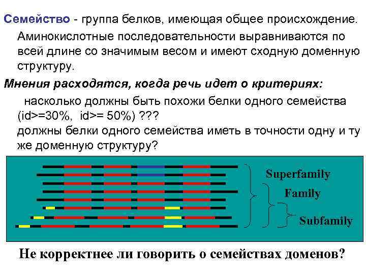 Семейство - группа белков, имеющая общее происхождение. Аминокислотные последовательности выравниваются по всей длине со