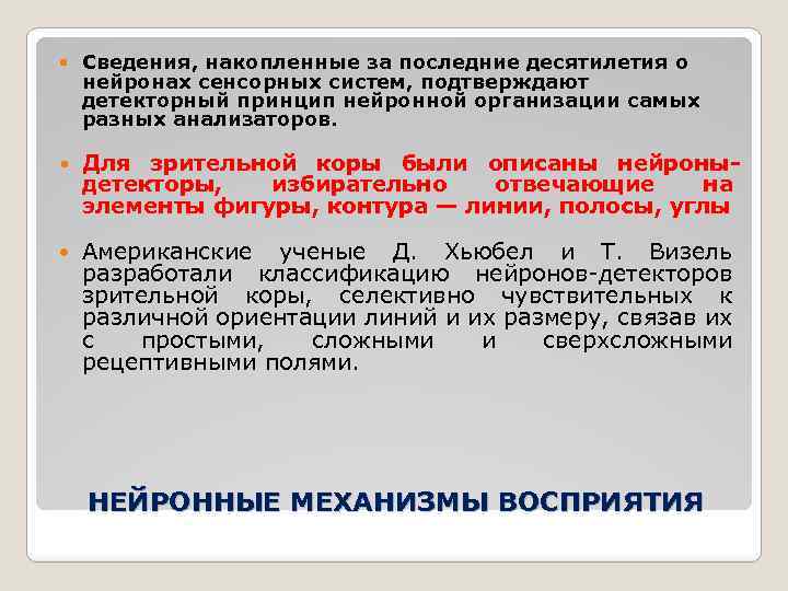  Сведения, накопленные за последние десятилетия о нейронах сенсорных систем, подтверждают детекторный принцип нейронной