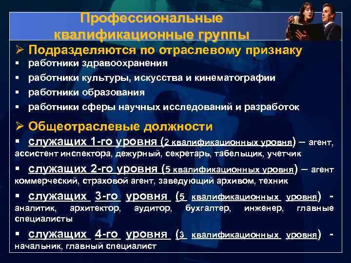 Профессиональные квалификационные группы Ø Подразделяются по отраслевому признаку § § работники здравоохранения работники культуры,