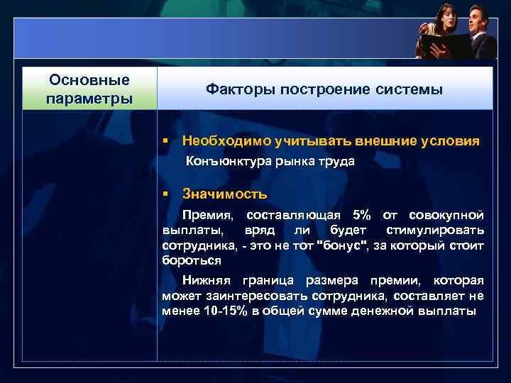 Основные параметры Факторы построение системы § Необходимо учитывать внешние условия Конъюнктура рынка труда §