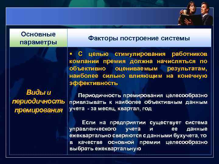 Основные параметры Факторы построение системы § С целью стимулирования работников компании премия должна начисляться