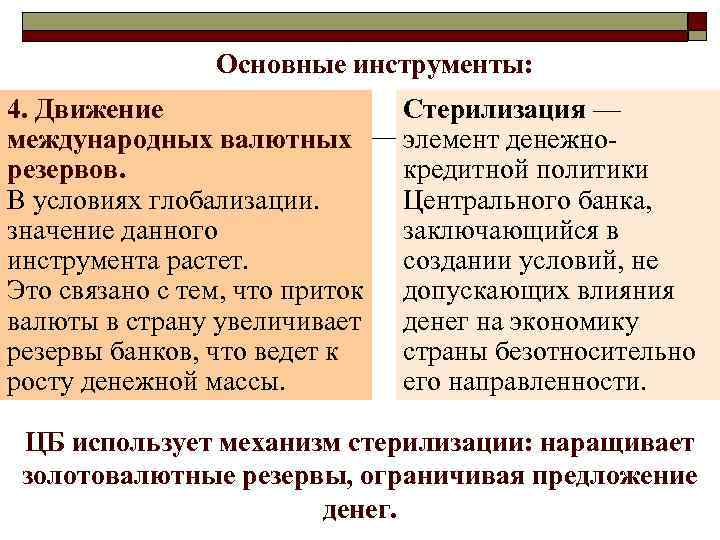 Основные инструменты: 4. Движение международных валютных резервов. В условиях глобализации. значение данного инструмента растет.
