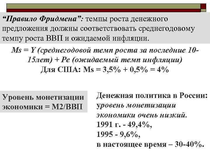 “Правило Фридмена”: темпы роста денежного предложения должны соответствовать среднегодовому темпу роста ВВП и ожидаемой