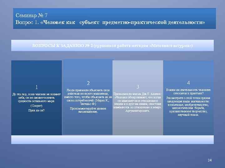 Семинар № 7 Вопрос 1. «Человек как субъект предметно-практической деятельности» ВОПРОСЫ К ЗАДАНИЮ №